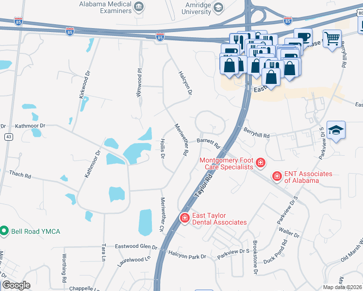 map of restaurants, bars, coffee shops, grocery stores, and more near 1371 Meriwether Road in Montgomery