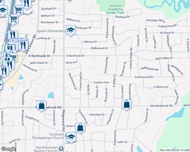 map of restaurants, bars, coffee shops, grocery stores, and more near 2018 Southwood Road in Jackson