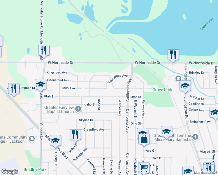 map of restaurants, bars, coffee shops, grocery stores, and more near 2321 Queensroad Avenue in Jackson