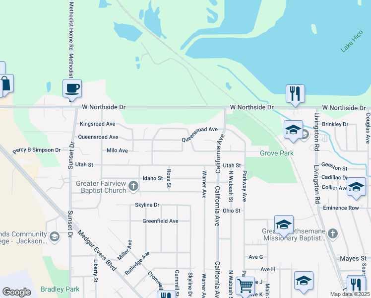 map of restaurants, bars, coffee shops, grocery stores, and more near 2321 Queensroad Avenue in Jackson