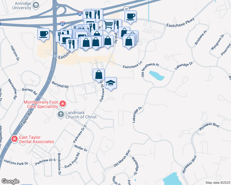 map of restaurants, bars, coffee shops, grocery stores, and more near 1501 Parkview Drive South in Montgomery