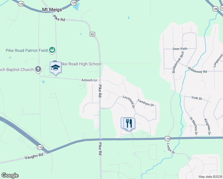 map of restaurants, bars, coffee shops, grocery stores, and more near 9509 Lochworth Court in Pike Road