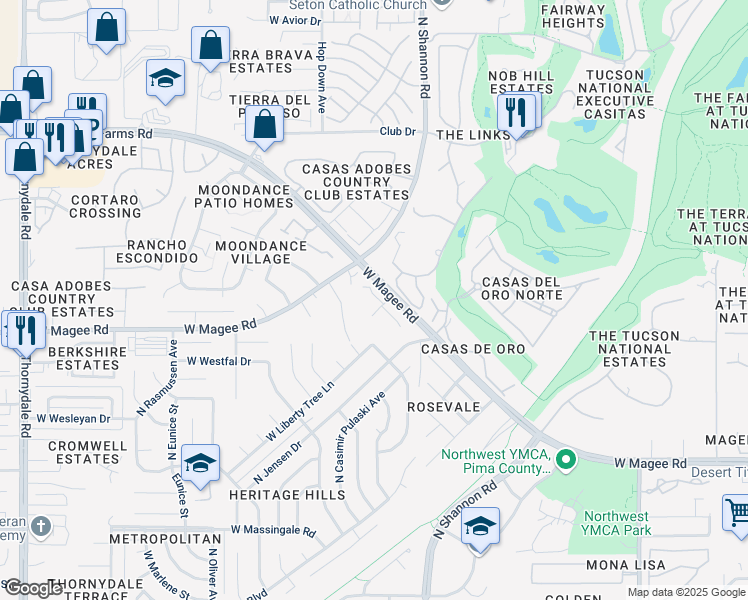 map of restaurants, bars, coffee shops, grocery stores, and more near 3001 West Trevi Place in Tucson