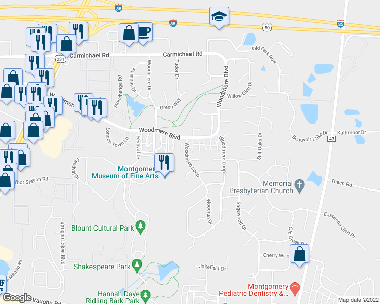 map of restaurants, bars, coffee shops, grocery stores, and more near 1615 Woodmere Loop in Montgomery