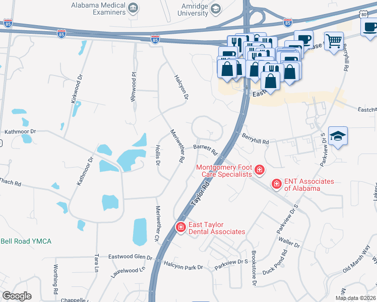 map of restaurants, bars, coffee shops, grocery stores, and more near 1371 Meriwether Road in Montgomery