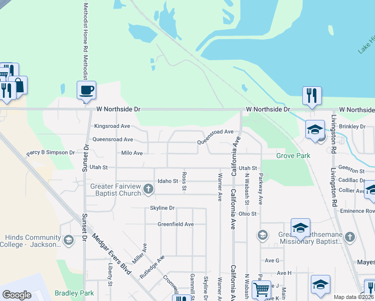 map of restaurants, bars, coffee shops, grocery stores, and more near 2419 Queensroad Avenue in Jackson