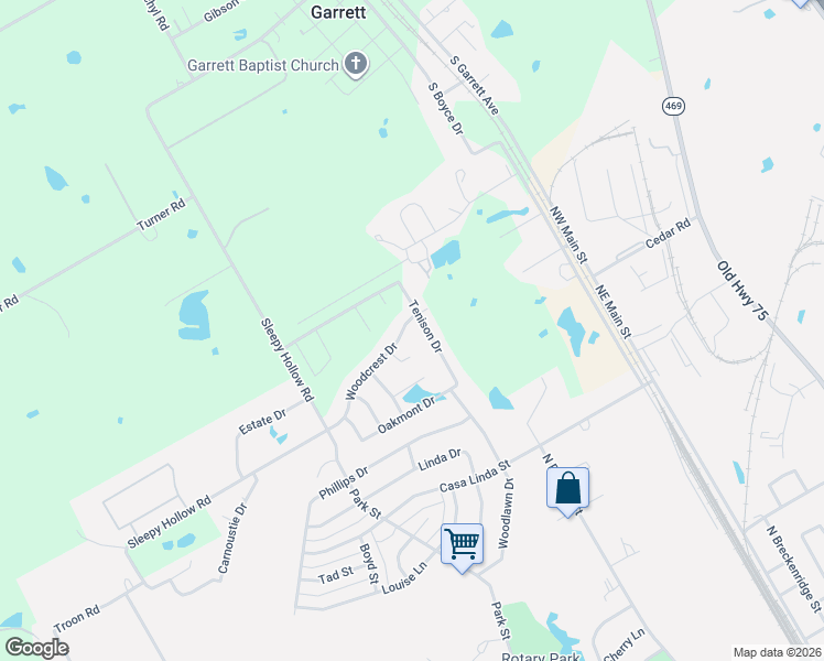 map of restaurants, bars, coffee shops, grocery stores, and more near 704 Woodcrest Drive in Ennis