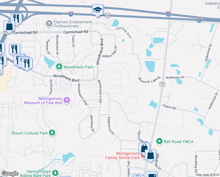 map of restaurants, bars, coffee shops, grocery stores, and more near 6118 Helga Place in Montgomery