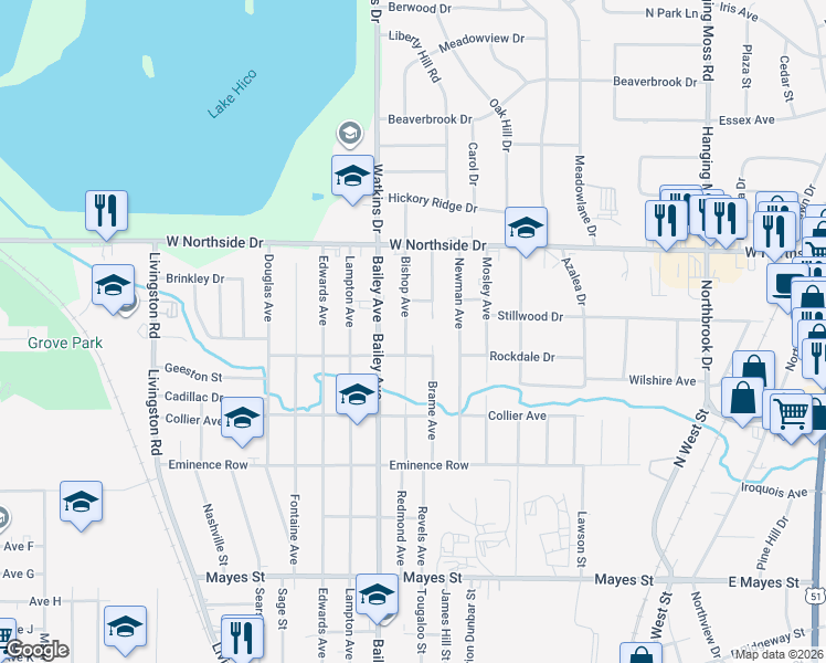 map of restaurants, bars, coffee shops, grocery stores, and more near 3747 Bishop Avenue in Jackson
