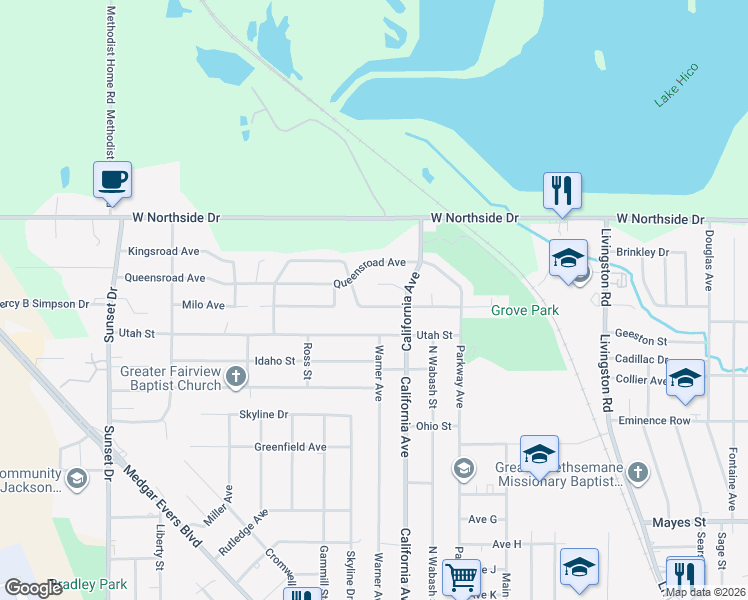 map of restaurants, bars, coffee shops, grocery stores, and more near 115 California Place in Jackson