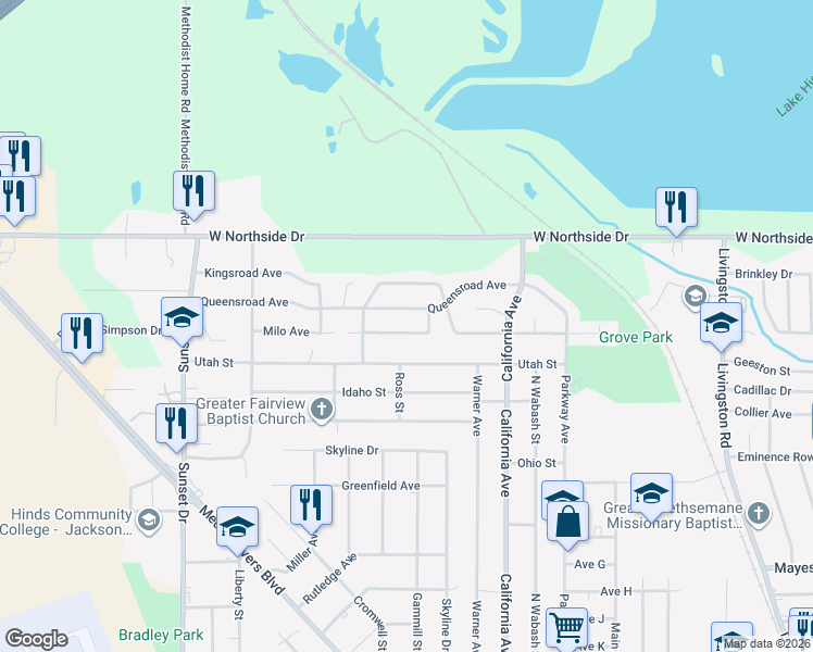 map of restaurants, bars, coffee shops, grocery stores, and more near 2419 Queensroad Avenue in Jackson