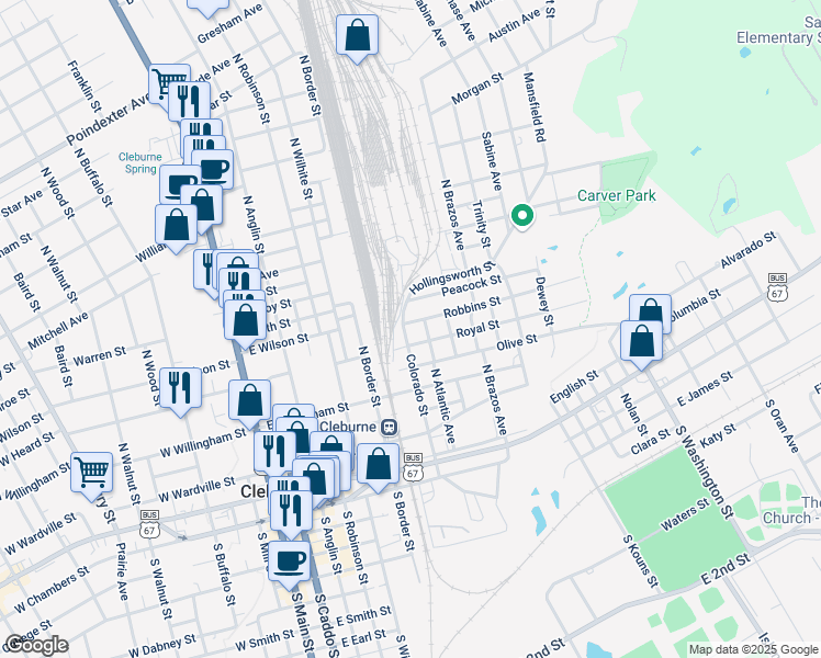 map of restaurants, bars, coffee shops, grocery stores, and more near 101 Robbins Street in Cleburne