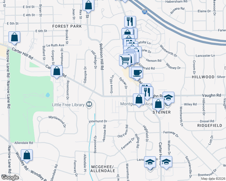 map of restaurants, bars, coffee shops, grocery stores, and more near 1857 Grove Hill Lane in Montgomery