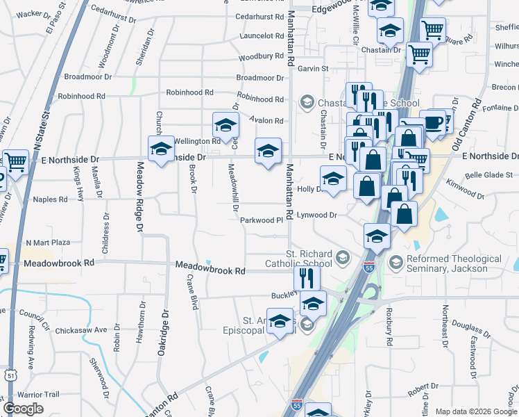 map of restaurants, bars, coffee shops, grocery stores, and more near 1034 Meadow Heights Drive in Jackson
