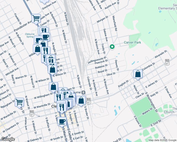 map of restaurants, bars, coffee shops, grocery stores, and more near 102 Robbins Street in Cleburne