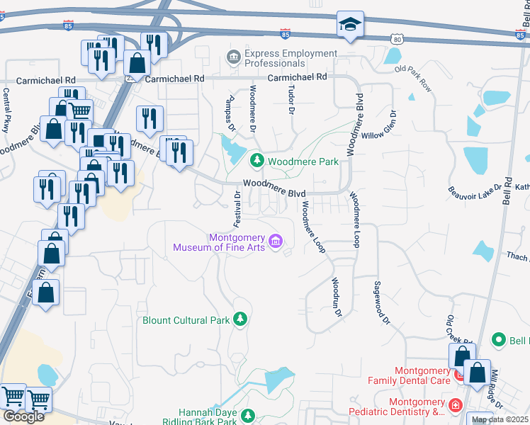 map of restaurants, bars, coffee shops, grocery stores, and more near 1636 Cobblestone Court in Montgomery