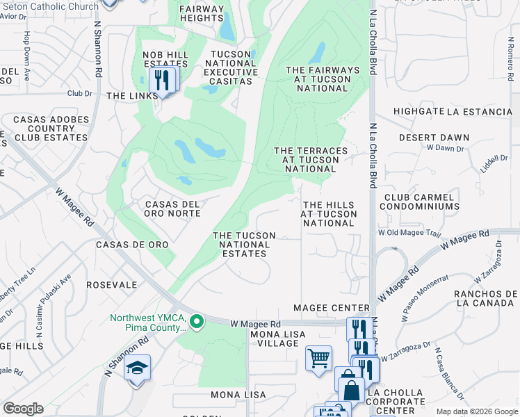 map of restaurants, bars, coffee shops, grocery stores, and more near 8021 North Della Robia Place in Tucson