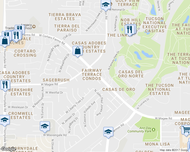 map of restaurants, bars, coffee shops, grocery stores, and more near 2990 West Trevi Place in Tucson