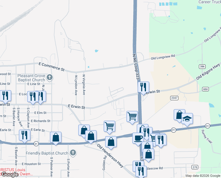 map of restaurants, bars, coffee shops, grocery stores, and more near 2340 East Erwin Street in Tyler