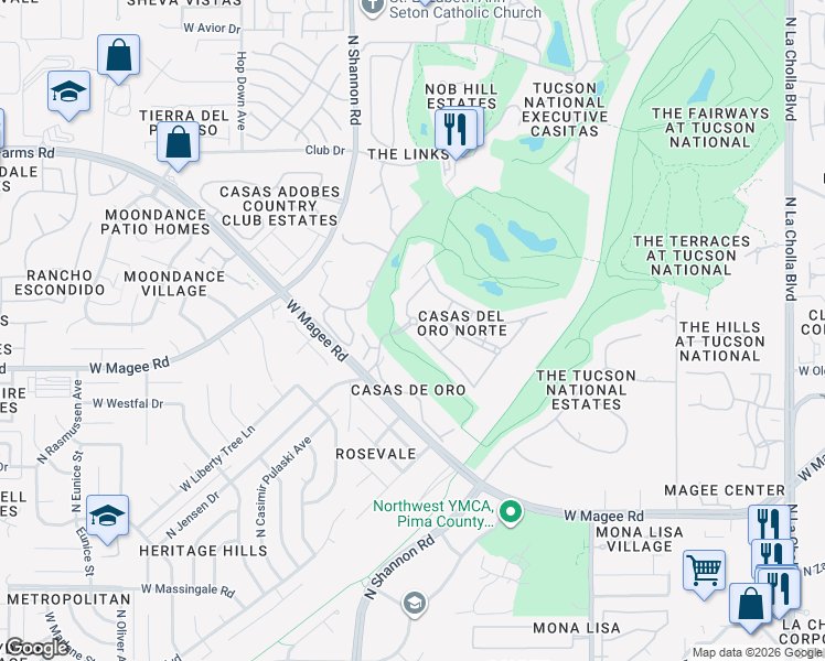 map of restaurants, bars, coffee shops, grocery stores, and more near 2788 West Casas Drive in Tucson