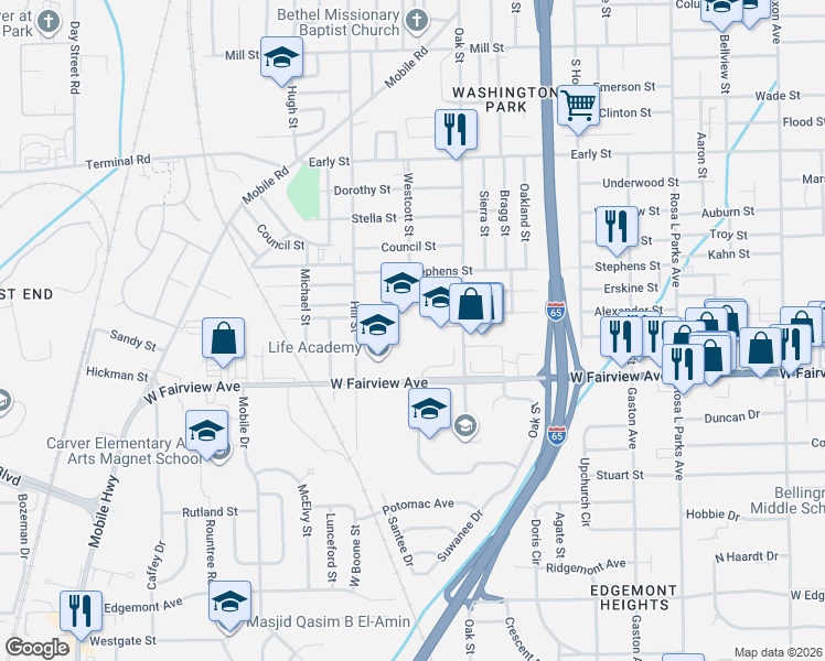 map of restaurants, bars, coffee shops, grocery stores, and more near 2048 West Fairview Avenue in Montgomery