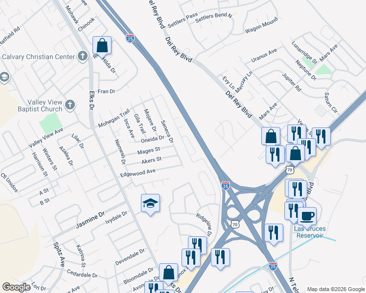 map of restaurants, bars, coffee shops, grocery stores, and more near 4054 Seneca Drive in Las Cruces