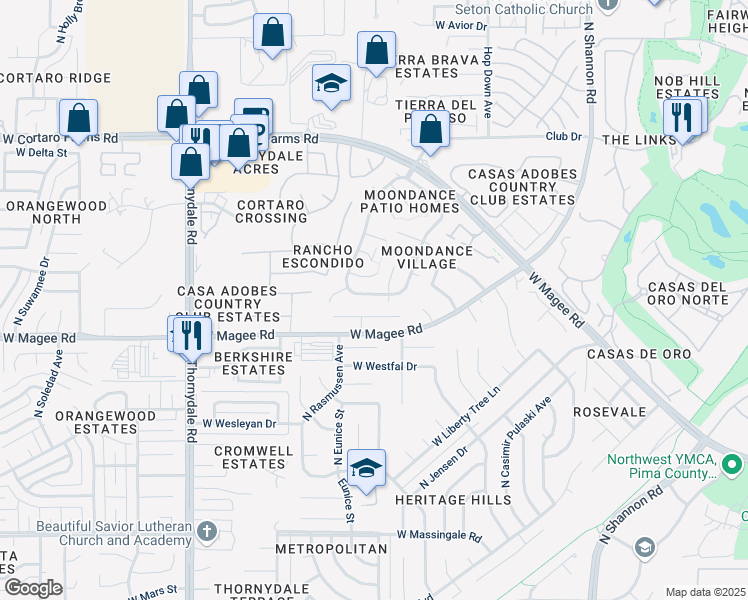 map of restaurants, bars, coffee shops, grocery stores, and more near 3382 West Millwheel Lane in Tucson