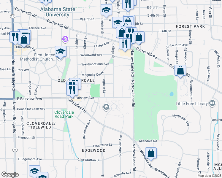 map of restaurants, bars, coffee shops, grocery stores, and more near 2502 College Street in Montgomery