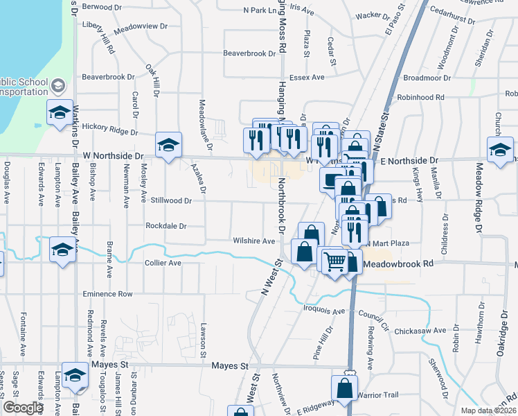 map of restaurants, bars, coffee shops, grocery stores, and more near 310 Stillwood Drive in Jackson