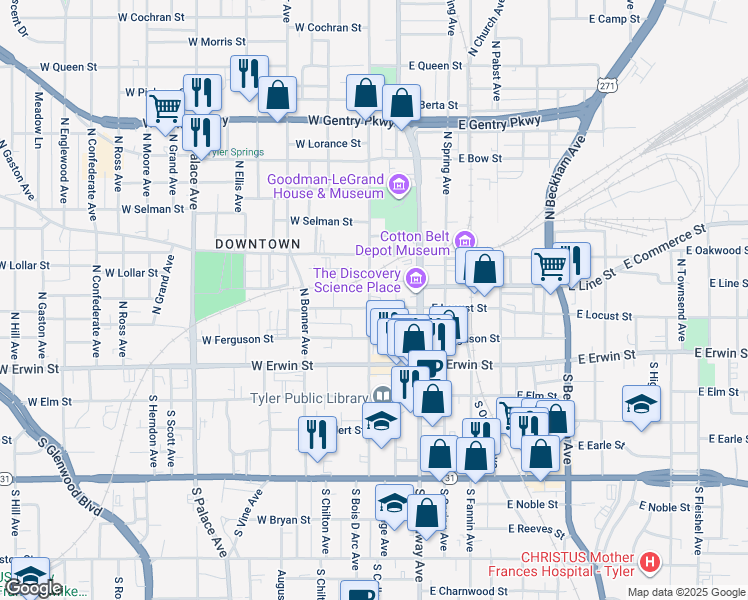 map of restaurants, bars, coffee shops, grocery stores, and more near 317 N Bois D Arc Ave in Tyler