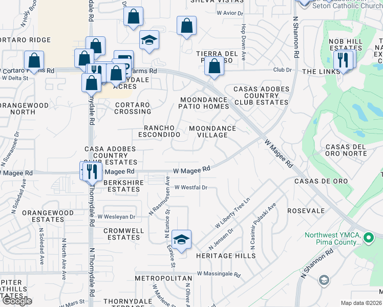 map of restaurants, bars, coffee shops, grocery stores, and more near 3355 West Millwheel Lane in Tucson