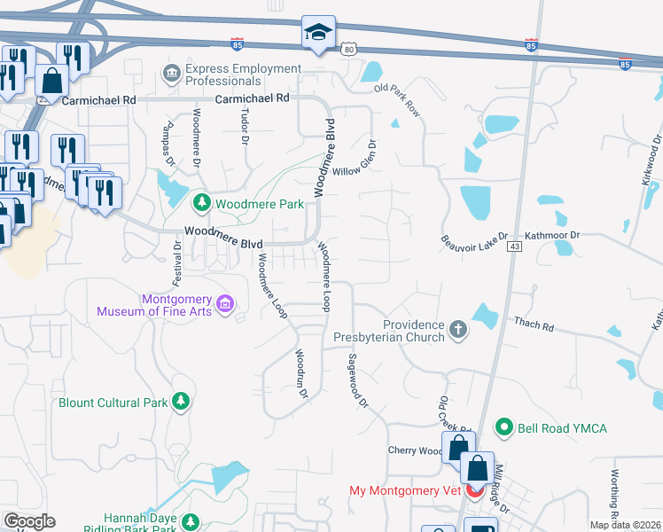 map of restaurants, bars, coffee shops, grocery stores, and more near 2121 Woodmere Loop in Montgomery