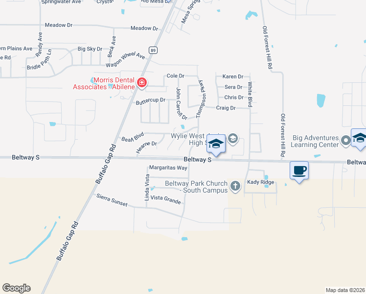 map of restaurants, bars, coffee shops, grocery stores, and more near 8009 Vita Court in Abilene