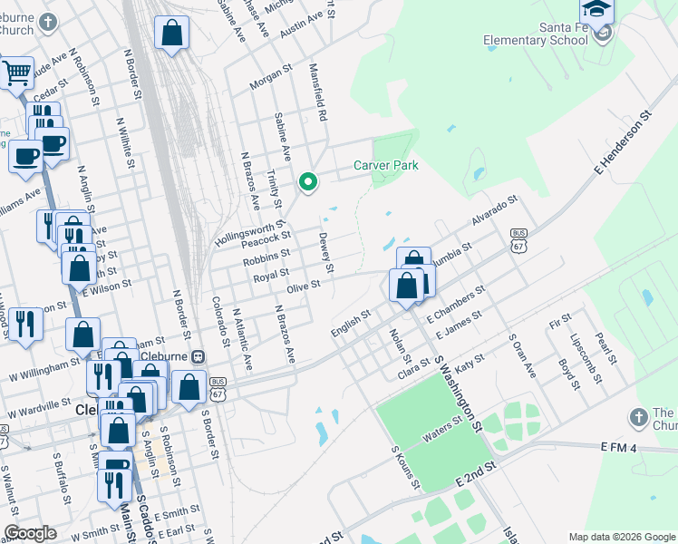 map of restaurants, bars, coffee shops, grocery stores, and more near 706 Royal Street in Cleburne