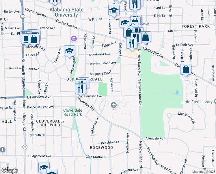 map of restaurants, bars, coffee shops, grocery stores, and more near 2524 Agnew Street in Montgomery