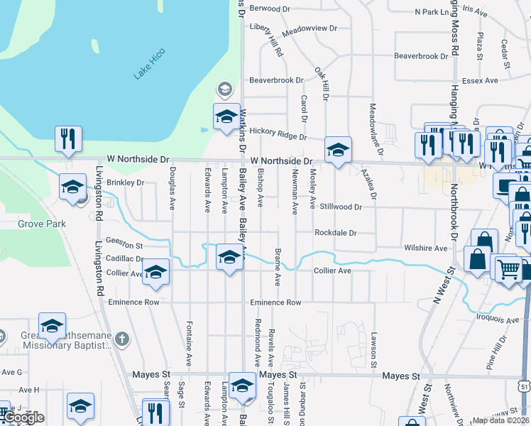map of restaurants, bars, coffee shops, grocery stores, and more near 3747 Bishop Avenue in Jackson