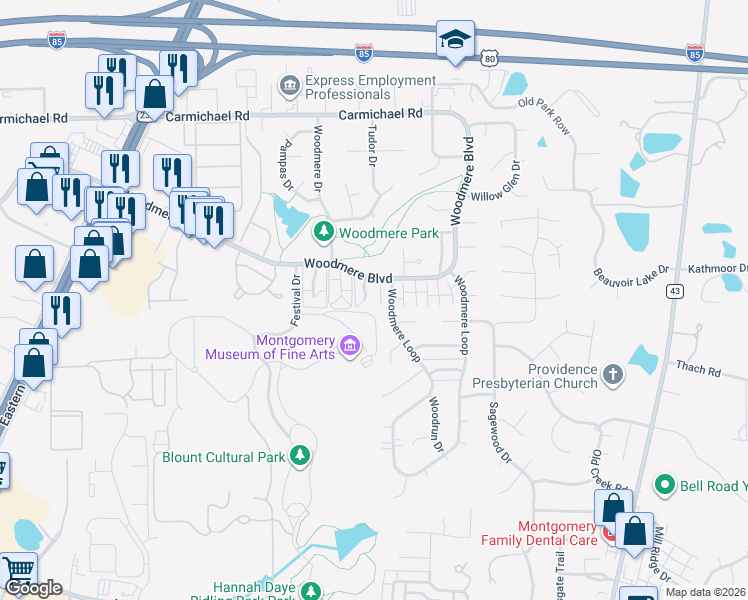 map of restaurants, bars, coffee shops, grocery stores, and more near 1612 Woodmere Loop in Montgomery