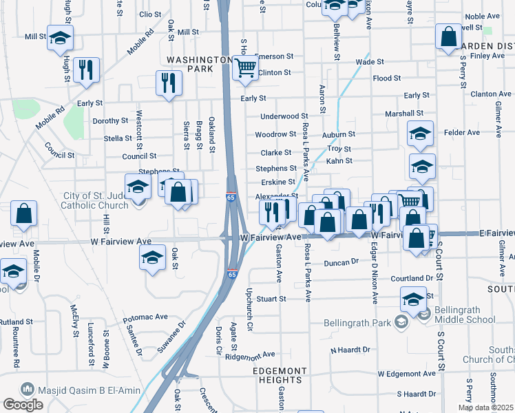 map of restaurants, bars, coffee shops, grocery stores, and more near 715 Alexander Street in Montgomery