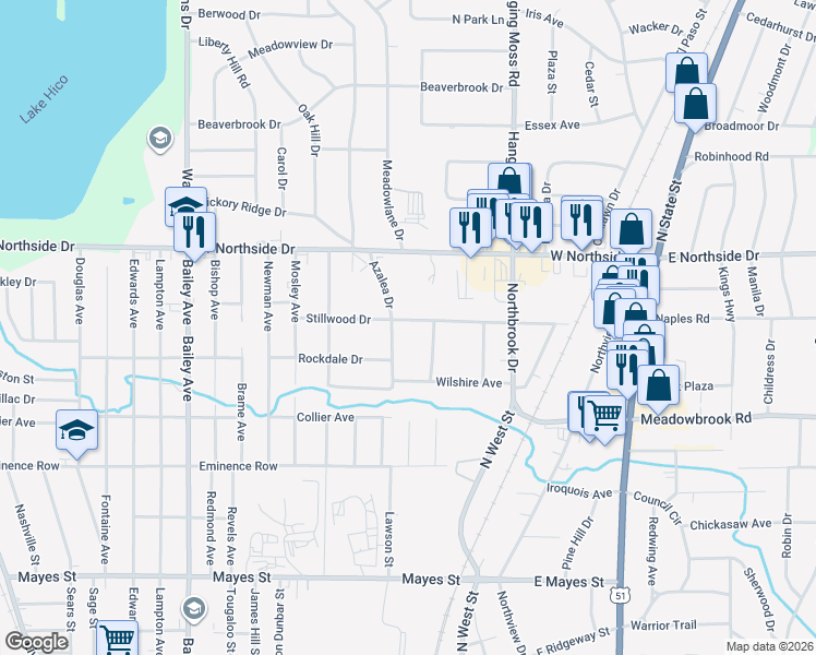 map of restaurants, bars, coffee shops, grocery stores, and more near 3810 Azalea Drive in Jackson
