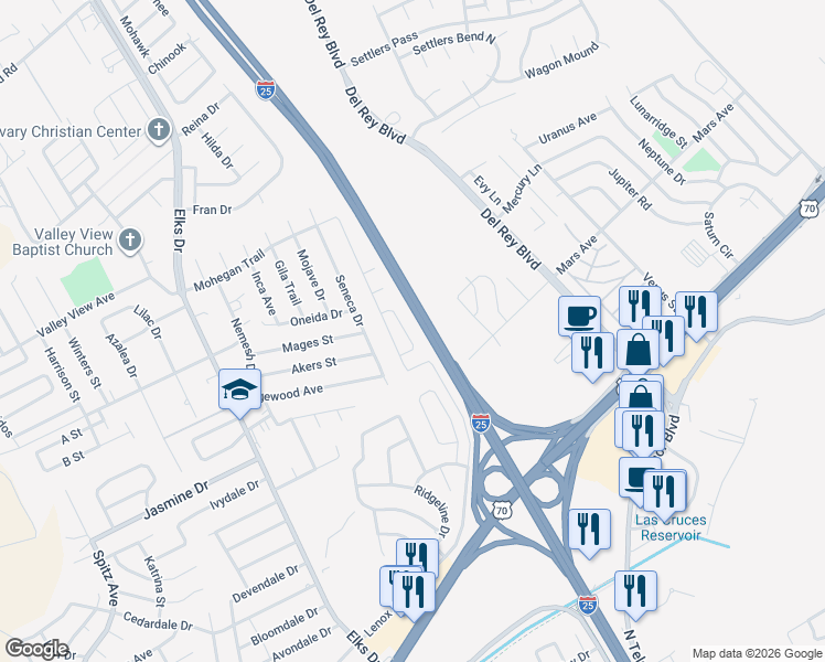 map of restaurants, bars, coffee shops, grocery stores, and more near 4054 Seneca Drive in Las Cruces