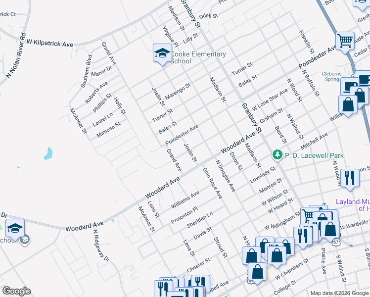 map of restaurants, bars, coffee shops, grocery stores, and more near 1210 West Lone Star Avenue in Cleburne
