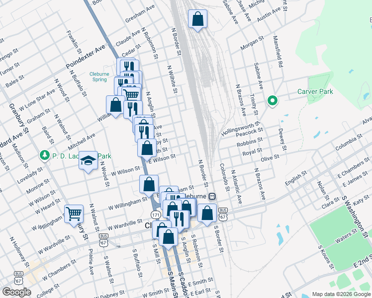 map of restaurants, bars, coffee shops, grocery stores, and more near 300 Heath Street in Cleburne