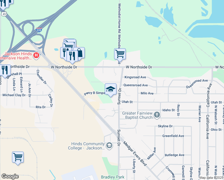 map of restaurants, bars, coffee shops, grocery stores, and more near 2920 Percy B Simpson Drive in Jackson