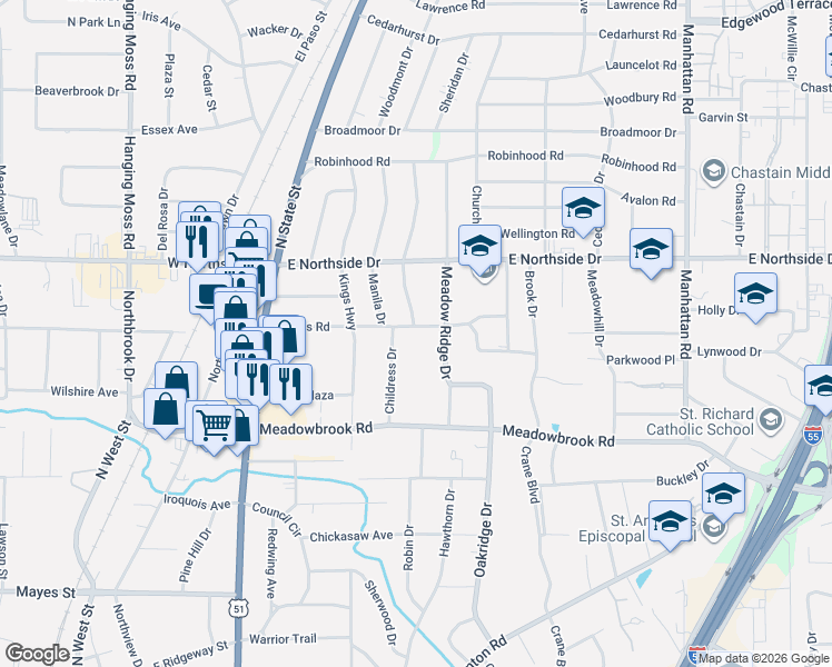map of restaurants, bars, coffee shops, grocery stores, and more near 525 Naples Road in Jackson