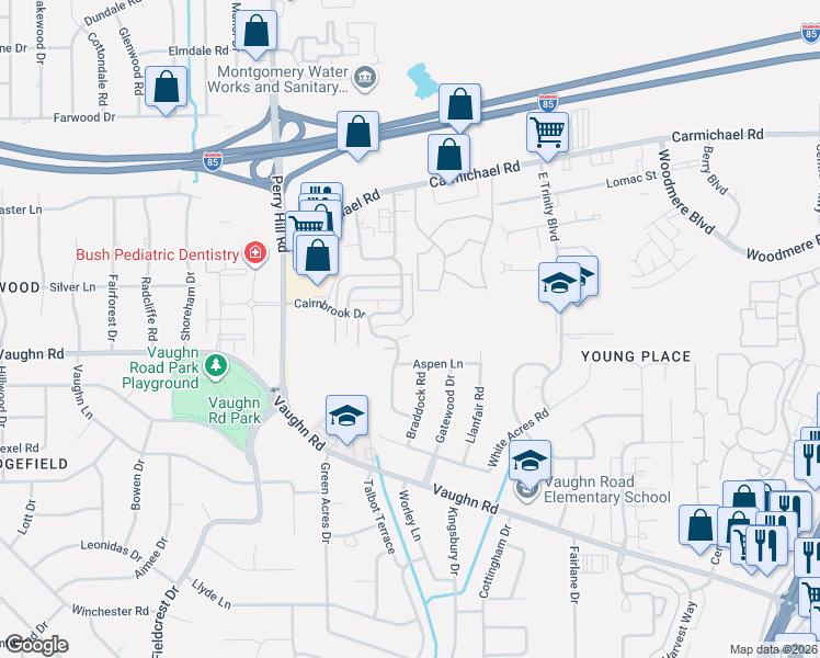map of restaurants, bars, coffee shops, grocery stores, and more near 4020 Ballentine Drive in Montgomery