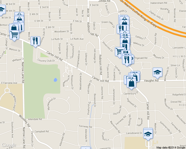 map of restaurants, bars, coffee shops, grocery stores, and more near 2535 Carter Hill Road in Montgomery