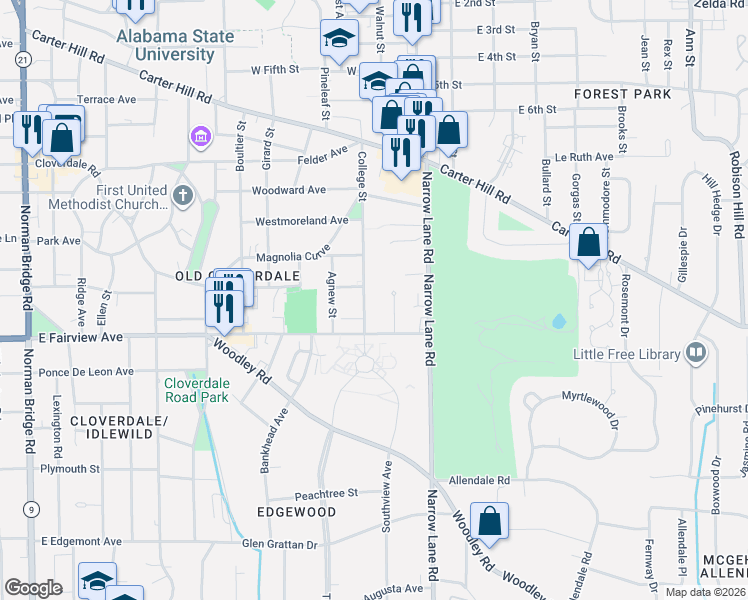 map of restaurants, bars, coffee shops, grocery stores, and more near 1563 College Court in Montgomery