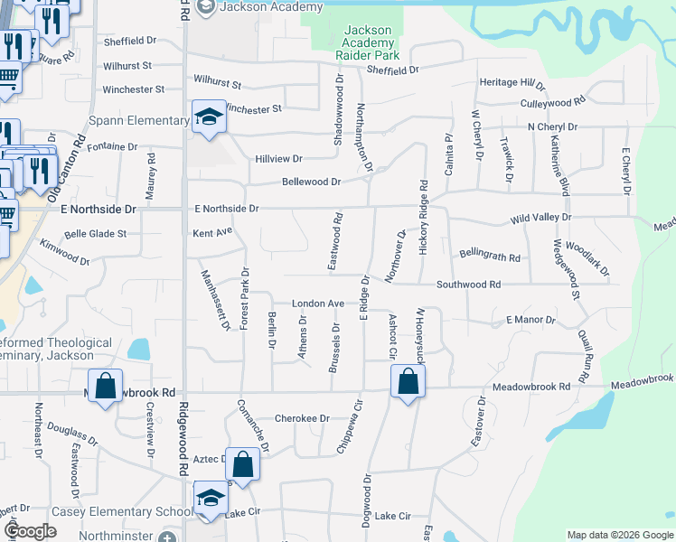 map of restaurants, bars, coffee shops, grocery stores, and more near 4506 Eastwood Road in Jackson