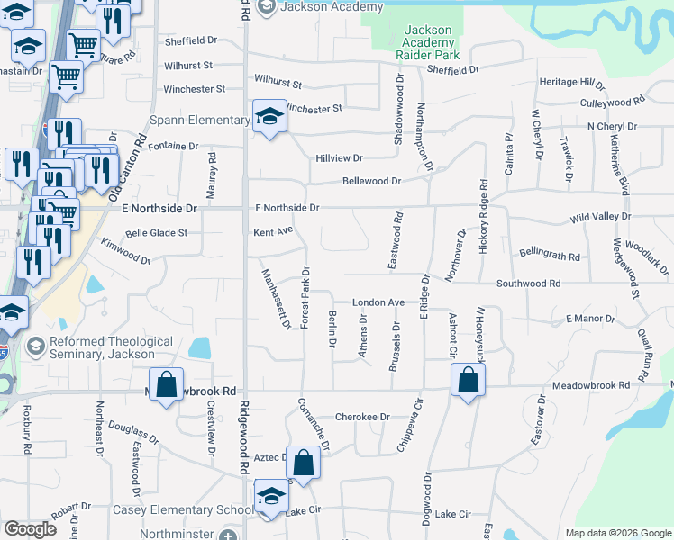 map of restaurants, bars, coffee shops, grocery stores, and more near 101 Kirkwood Court in Jackson