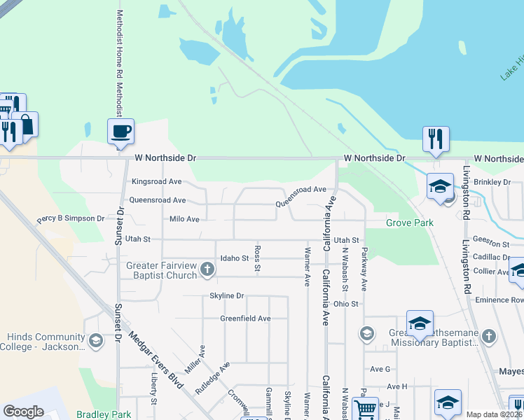 map of restaurants, bars, coffee shops, grocery stores, and more near 2419 Queensroad Avenue in Jackson